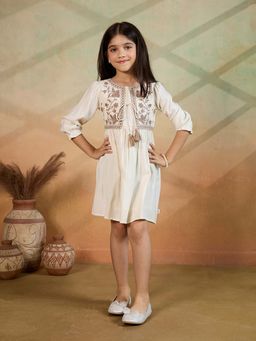 Tiny Twills - Off White Embroidered Knee Length Dress