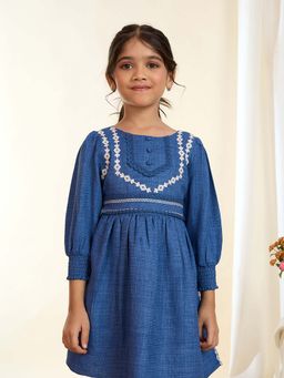 Tiny Twills - Blue Embroidered Knee Length Dress