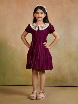 Tiny Twills - Maroon Embroidered Knee Length Dress
