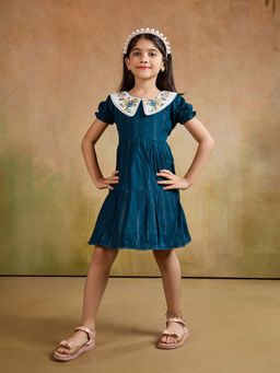 Tiny Twills - Teal Embroidered Knee Length Dress