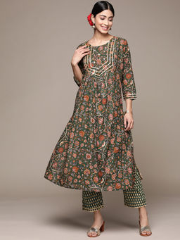 Anubhutee - Womens Bottle Green Gota Patti Floral Printed Kurta With Pants (Set of 2)
