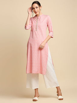 Anubhutee - Womens Peach-coloured & White Khari Printed Straight Kurta