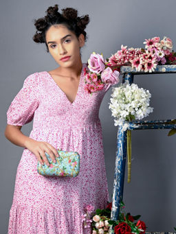 Odette - Gorgeous Pastel Green Coloured Printed Oval-Shaped Clutch Bag