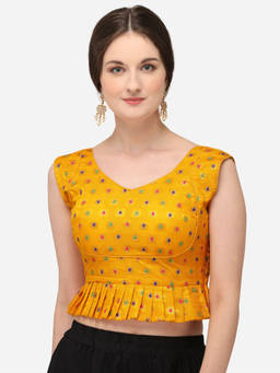 Amrutam Fab - Womens Jacquard Yellow Stiched Blouse With V Neck