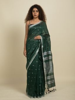 Suta - Green and Silver Polka Linen Zari Saree