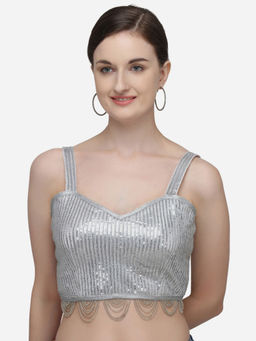 Amrutam Fab - Womens Sequences Silver Silk Stiched Blouse With V Neck