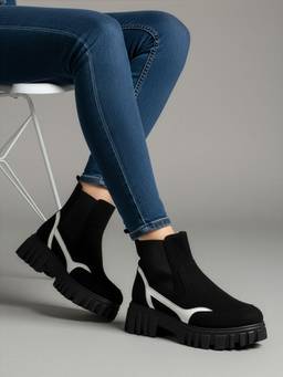 DENILL - Black Women's Suede Ankle Chelsea Boots with White Overlay