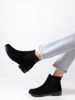 DENILL - Black Women's Suede Chelsea Boots Elastic Side Panels