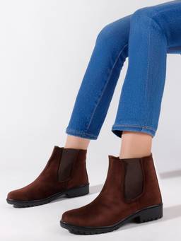 DENILL - Brown Women's Suede Chelsea Boots Elastic Side Panels