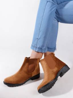 DENILL - Tan Women's Suede Chelsea Boots Elastic Side Panels