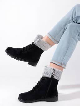 DENILL - Black Women's Casual Boots with Faux Fur and Lace-Up Design