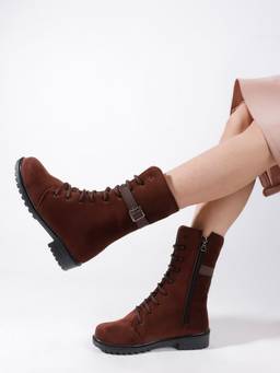 DENILL - Brown Ankle Boots for Women Buckle Detail Lace-Up Matte Finish