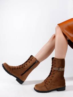 DENILL - Tan Ankle Boots for Women Buckle Detail Lace-Up Matte Finish