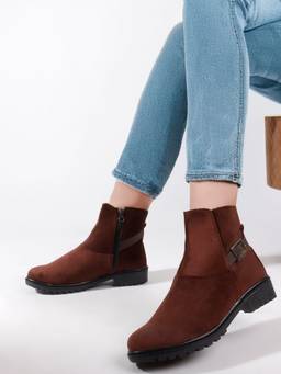 DENILL - Brown Women's Suede Ankle Boots Side Zipper and Buckle Strap