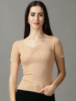 SHOWOFFFF - Womens V-Neck Fitted Solid Beige Regular Top