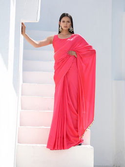 Swtantra - Neon Pink Saree with Multicolour Beaded Lace Without Blouse