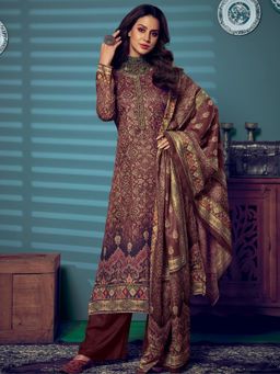 Stylee LIFESTYLE - Brown Pashmina Digital Printed Dress Material