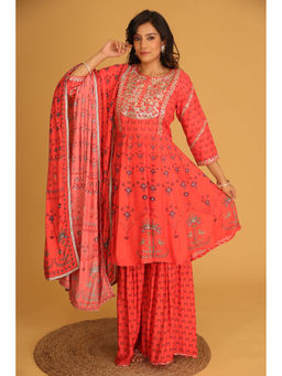 Zari Jaipur - Chanderi Red Embroidery Work Kurta With Sharara & Dupatta (Set of 3)