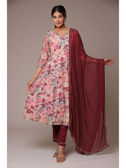 Zari Jaipur - Light Pink Silk Print & Embroidery Anarkali With Pant & Dupatta (Set of 3)