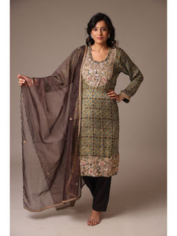 Zari Jaipur - Dark Brown Chanderi Print & Embroidery Kurta With Pant & Dupatta (Set of 3)