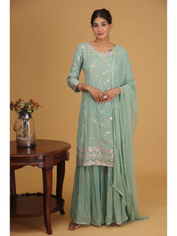 Zari Jaipur - Light Green Georgette Embroidery Kurta With Sharara & Dupatta (Set of 3)