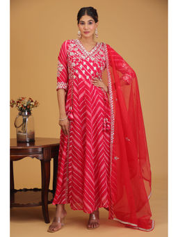 Zari Jaipur - Red Organza Print & Embroidery Anarkali With Dupatta (Set of 2)