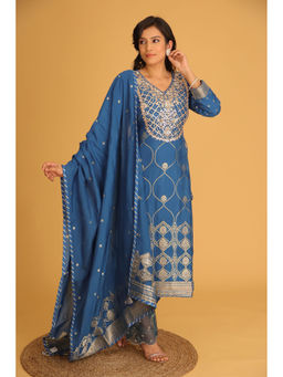 Zari Jaipur - Chanderi Dark Blue Embroidery Kurta With Pant & Dupatta (Set of 3)