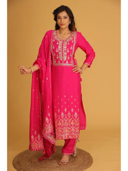 Zari Jaipur - Chanderi Dark Pink Embroidery Work Kurta With Pant & Dupatta (Set of 3)