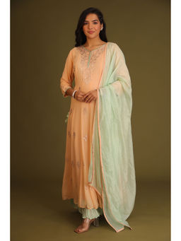 Zari Jaipur - Georgette Peach Ethnic Embroidery Work Maxi Dress With Dupatta (Set of 2)