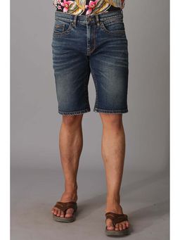 ROOKIES - Dynamic Comfort: Med Blue Slim Fit Cotton Polyester Viscose Spandex Denim Shorts