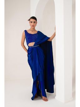 AKARA - Women's Blue Embellished Pre Drape Saree with Stitched Blouse