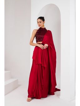 AKARA - Women's Red Nalki Embellished Pre Drape Saree with Stitched Blouse & Belt