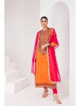 AKARA - Women's Orange & Fascia Pink Embellished Kurta with Churidar and Dupatta (Set of 3)