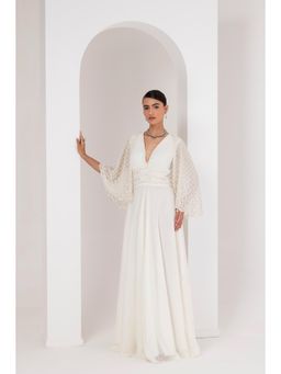 AKARA - Women's White Embellished Maxi Dress with Cape (Set of 2)