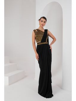 AKARA - Women's Embellished Pre Drape Saree with Stitched Blouse & Belt