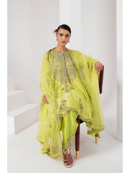AKARA - Women's Lime Green Embellished Kalidar Kurti with Dhoti and Dupatta (Set of 3)