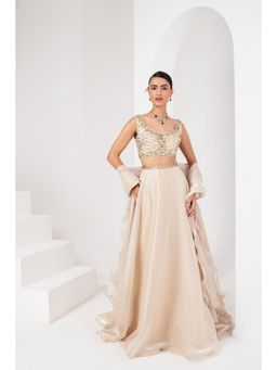 AKARA - Women's Ivory Embellished Stitched Blouse with Lehenga and Ruffle Dupatta (Set of 3)