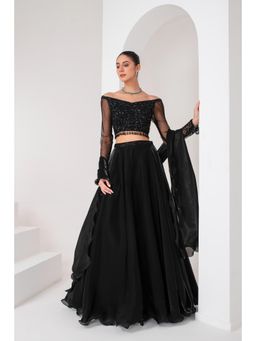 AKARA - Women's Black Embellished Stitched Blouse with Lehenga and Ruffle Dupatta (Set of 3)