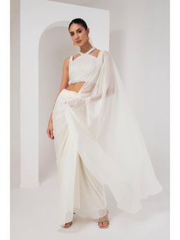 AKARA - Women's Ivory Crystal Embellished Pre Drape Saree with Stitched Blouse
