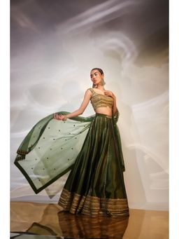 AKARA - Women's Green Embellished Stitched Blouse with Lehenga and Dupatta (Set of 3)
