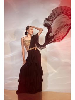 AKARA - Women's Black Embellished Pre Drape Saree with Stitched Blouse & Belt