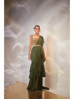 AKARA - Women's Ruffle Embellished Pre Drape Saree with Stitched Blouse & Belt
