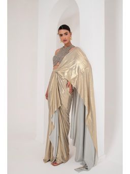 AKARA - Women's Grey Metallic Embellished Pre Drape Saree with Stitched Blouse