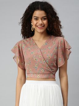 SHOWOFF - Women V-Neck Half Sleeves Floral Mauve Crop Top