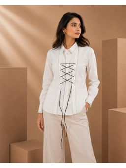 UNIMODA - White Cotton Poplin Shirt with Shoelace and Tagai Work