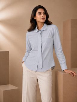 UNIMODA - Light Cornflower Blue Striped Cotton Shirt with Lace Embellishments