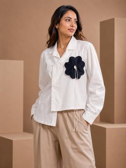 UNIMODA - Pearl White Angrakha Style Cotton Poplin Shirt