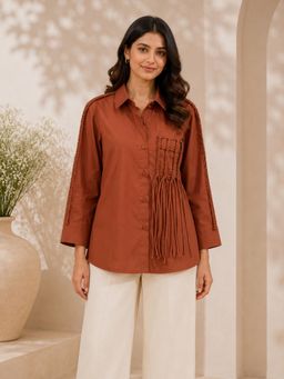 UNIMODA - Cinnamon Brown Cotton Poplin Shirt with Braid Detailing