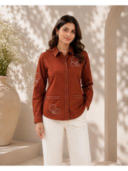 UNIMODA - Brown Cotton Poplin Shirt with Floral Embroidery