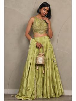 Soch - Women Green Embroidered Crepe Choli, Unstitched Sleeves and Lehenga with Dupatta